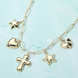 Metal Cross Heart Star Flower Station Paperclip Chain Necklace