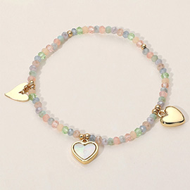 Metal Mother of Pearl Heart Charm Station Faceted Beaded Stretch Bracelet