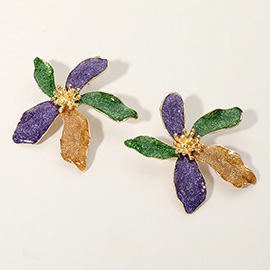 Glittered Enamel Mardi Gras Flower Earrings