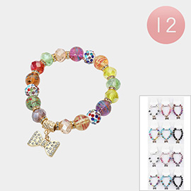 12PCS - Stone Paved Bow Charm Faceted Beaded Stretch Bracelets