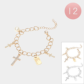 12PCS - Stone Paved Metal Cross Pearl Charm Station Bracelets