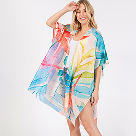 Watercolor Leaves Print Kimono Poncho