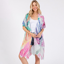 Watercolor Leaves Print Kimono Poncho