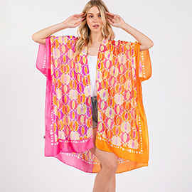 Two Tone Trim Abstract Print Silky Feel Kimono Poncho