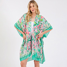 Flower Print Silky Feel Kimono Poncho