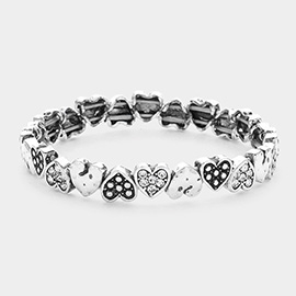 Stone Paved Antique Metal Heart Lin Stretch Bracelet