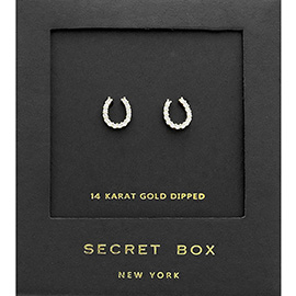 SECRET BOX_14K Gold Dipped Stone Paved Horseshoe Stud Earrings