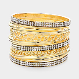 13PCS -  Rhinestone Cut Out Metal Bangle Layered Bracelets