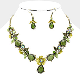 Colored Metal Flower Leaf Teardrop Stone Bib Necklace