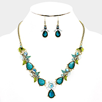 Colored Metal Flower Leaf Teardrop Stone Bib Necklace