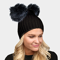 Solid Double Faux Fur Pom Pom Beanie