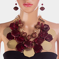 Geometric Disc Wood Bead Multi Strand Statement Necklace