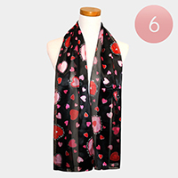 6PCS - Silk Feel Satin Striped Heart Pattern Print  Scarf