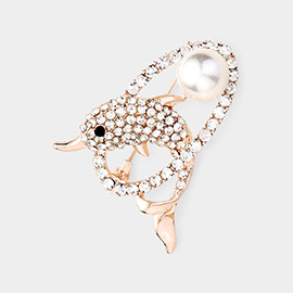 Rhinestone Pave Pearl Dolphin Pin Brooch