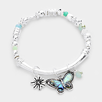 Abalone Butterfly Charm Multi Bead Stretch Bracelet