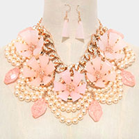 Resin Flower Accented Draped Pearl Statement Necklace