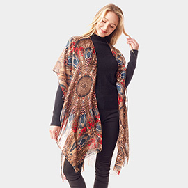 Peacock Feather Printed Ruana Poncho