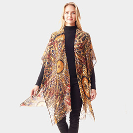 Peacock Feather Printed Ruana Poncho