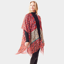 Geometric Border Printed Gold Foil Accented Ruana Poncho