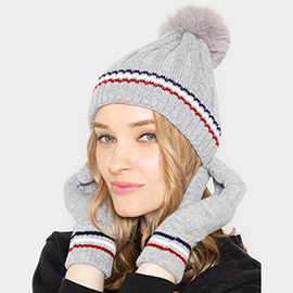 Stripe Pointed Faux Fur Pom Pom Knit Beanie Hat