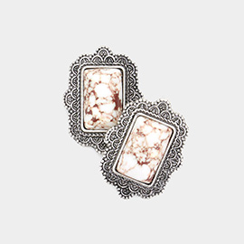 Natural Stone Rectangle Antique Metal Stud Earrings