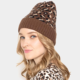 Leopard Patterned Ribbed Cuff Beanie Hat