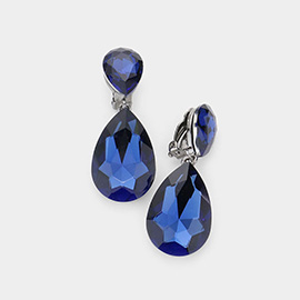 Glass Crystal Double Teardrop Clip on Evening Earrings