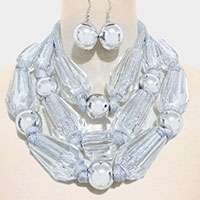 Chunky Clear Lucite Metal Ball Triple Layered Bib Necklace