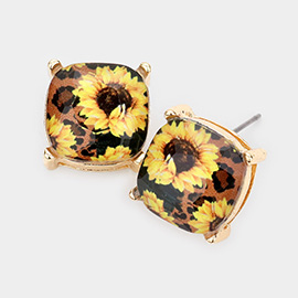 Leopard Pattern Sunflower Printed Square Stud Earrings