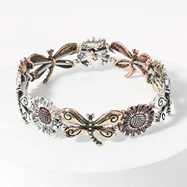 Dragonfly Sunflower Vintage Metal Stretch Bracelet