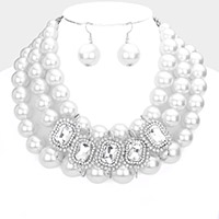 Rhinestone Pave Stone Accented Pearl Necklace