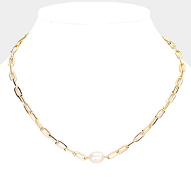 Pearl Accented Open Metal Oval Link Necklace