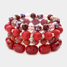 4PCS - Semi Precious Wood Faceted Beaded Stretch Bracelets