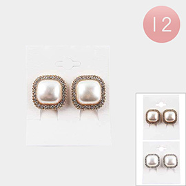 12Pairs - Rhinestone Trimmed Square Pearl Clip on Earrings