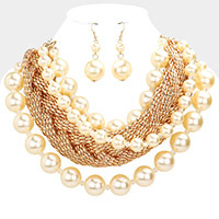 Bold Metal Braided Triple Layered Pearl Necklace