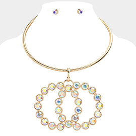 Round Stone Embellished Double Open Circle Link Necklace