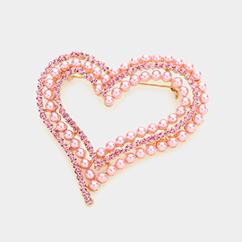 Pearl Rhinestone Embellished Open Heart Pin Brooch