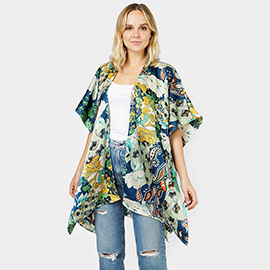 Floral Patterned Satin Cover Up Kimono Poncho