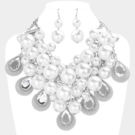 Teardrop Stone Accented Pearl Cluster Necklace