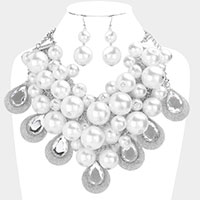 Teardrop Stone Accented Pearl Cluster Necklace