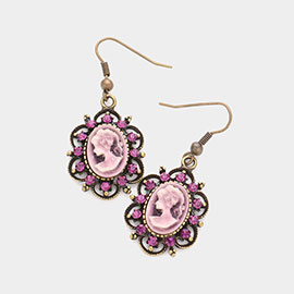 Cameo Accented Floral Metal Dangle Earrings