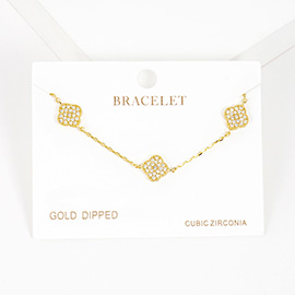 Gold Dipped CZ Triple Quatrefoil Charm Bracelet