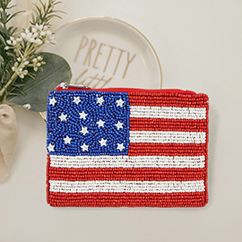 American USA Flag Seed Beaded Mini Pouch Bag