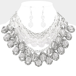 Metal Open Teardrop Lucite Ball Accented Multi Layered Statement Necklace