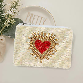 Heart Accented Beaded Mini Pouch Bag