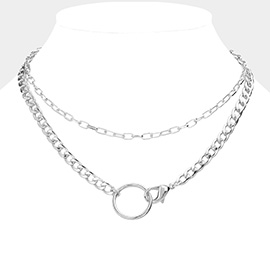 Open Metal Circle Accented Double Layered Necklace