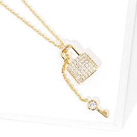 Gold Dipped Rhinestone Key Lock Pendant Necklace