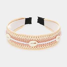 Pearl Puka Shell Embellished Woven Straw Headband