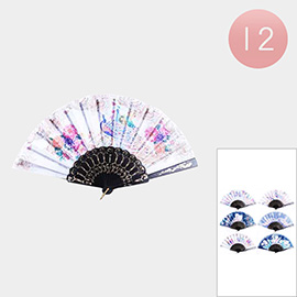 12PCS - Peacock Flower Printed Folding Fans