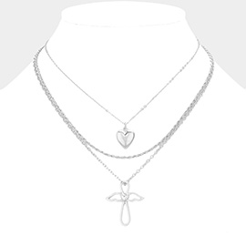 3PCS - Metal Heart Angel Wing Cross Pendant Necklaces